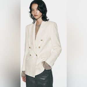 Zara double breasted white textured weave jacket